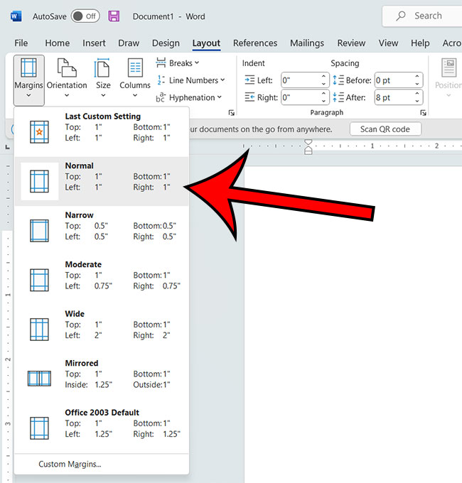 how to set 1 inch margins in word