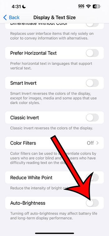 how to turn off auto brightness on iphone 14